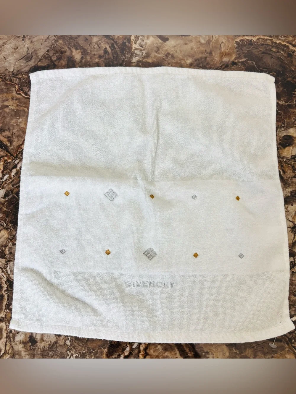 Givenchy Ivory Gold/Silver Embroidered Hand Towel size 18”x18”